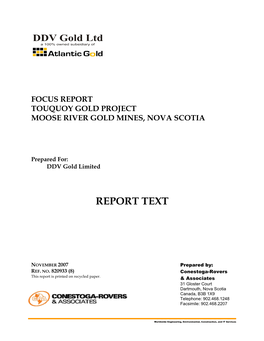 Focus Report Touquoy Gold Project Moose River Gold Mines, Nova Scotia