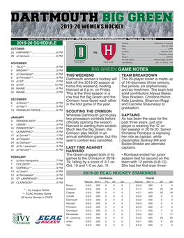 Dartmouth Big Green 2019-20 Women’S Hockey