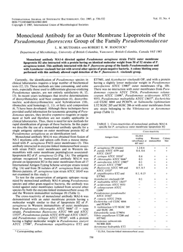 Monoclonal Antibody for an Outer Membrane Lipoprotein of the Pseudomonas Fluoreseem Group of the Family Pseudomonadaceae L