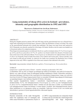 Lung Nematodes of Sheep (Ovis Aries) in Iceland - Prevalence, Intensity and Geographic Distribution in 1992 and 1993