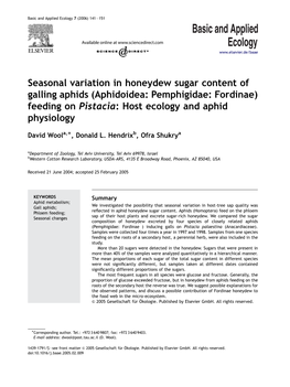 Seasonal Variation in Honeydew Sugar Content of Galling Aphids (Aphidoidea: Pemphigidae: Fordinae) Feeding on Pistacia: Host Ecology and Aphid Physiology