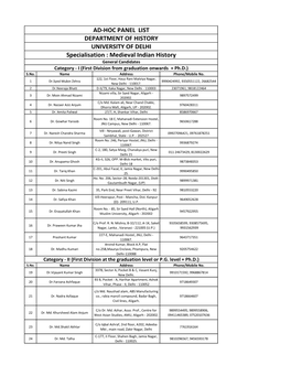 AD-HOC PANEL LIST DEPARTMENT of HISTORY UNIVERSITY of DELHI Specialisation : Medieval Indian History