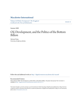 Oil, Development, and the Politics of the Bottom Billion Michael Watts University of California, Berkeley