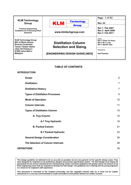 Distillation Column Selection and Sizing Rev: 03 Practical Engineering Guidelines for Processing Plant (ENGINEERING DESIGN GUIDELINES) Solutions Feb 2011