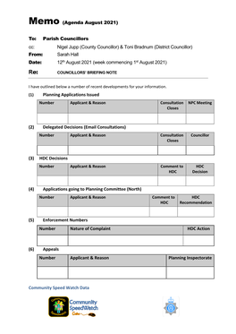 (Agenda August 2021) To: Parish Councillors Cc