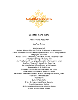 Susan Lane Events Cocktail Fare Menu