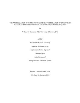 The Anglicization of Names Amongst the 2Nd Generation of Sri Lankan Canadian Tamils in Toronto: an Autoethnographic Inquiry