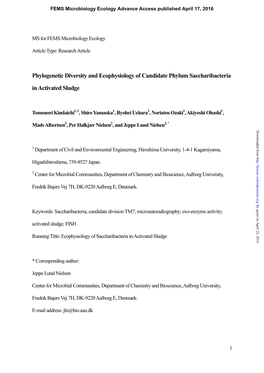 Phylogenetic Diversity and Ecophysiology of Candidate Phylum Saccharibacteria in Activated Sludge