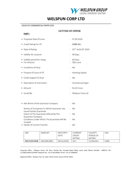 Welspun Corp Ltd ______Issue of Commercial Paper (Cp)