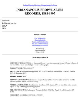 Indianapolis Propylaeum Records, 1888-1997