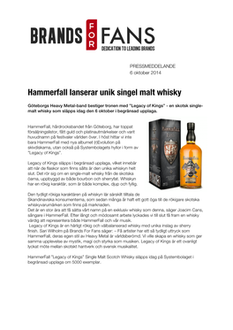 Hammerfall Lanserar Unik Singel Malt Whisky