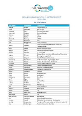 RETAIL & WHOLESALE INNOVATING to KEEP TOWNS VIBRANT 16 MAY 2018 List of Participants First Name Last Name Organisation Maris