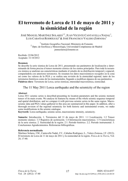 El Terremoto De Lorca De 11 De Mayo De 2011 Y La Sismicidad De La Región