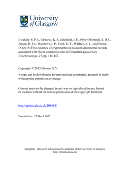 First Evidence of Cryptotephra in Palaeoenvironmental Records Associated with Norse Occupation Sites in Greenland.Quaternary Geochronology, 27, Pp