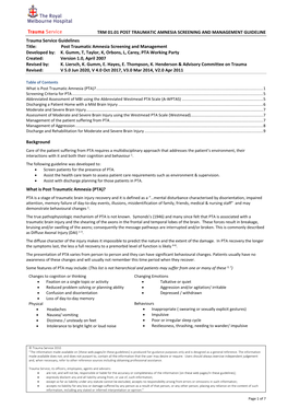 POST TRAUMATIC AMNESIA SCREENING and MANAGEMENT GUIDELINE Trauma Service Guidelines Title: Post Traumatic Amnesia Screening and Management Developed By: K