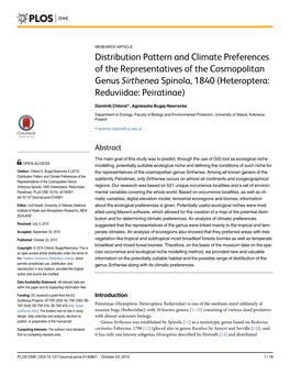 Distribution Pattern and Climate Preferences of the Representatives of the Cosmopolitan Genus Sirthenea Spinola, 1840 (Heteroptera: Reduviidae: Peiratinae)