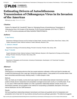 Estimating Drivers of Autochthonous Transmission of Chikungunya Virus in Its Invasion of the Americas – PLOS Currents Outbreaks