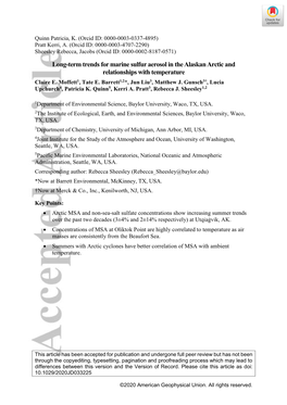 Long‐Term Trends for Marine Sulfur Aerosol in the Alaskan Arctic And