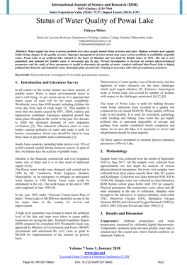 Status of Water Quality of Powai Lake