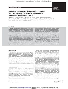 Systemic Immune Activity Predicts Overall Survival in Treatment-Naïve Patients with Metastatic Pancreatic Cancer Matthew R