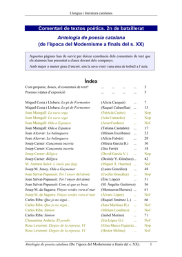 Antologia De La Poesia Catalana. Comentaris De Poemes