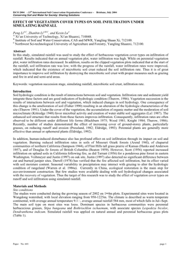 Effect of Vegetation Cover Types on Soil Infiltration Under Simulating Rainfall