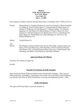 Minutes ACBL Board of Directors New York, Hilton New York, NY July 5 – 8, 2004