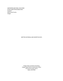 WESTMORELAND PARK, DUCK POND SE Mcloughlin Blvd & Bybee Blvd Portland Multnomah County Oregon