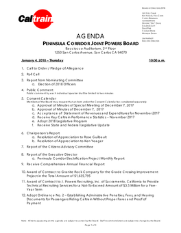 AGENDA JIM HARTNETT EXECUTIVE DIRECTOR PENINSULA CORRIDOR JOINT POWERS BOARD Bacciocco Auditorium, 2Nd Floor 1250 San Carlos Avenue, San Carlos CA 94070