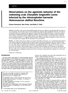 Observations on the Agonistic Behavior of the Swimming Crab Charybdis Longicollis Leene Infected by the Rhizocephalan Barnacle Heterosaccus Dollfusi Boschma