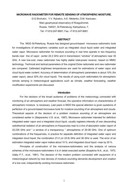 Microwave Radiometer for Remote Sensing of Atmospheric Moisture