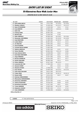 ENTRY LIST by EVENT 10 Kilometres Race Walk Junior Men