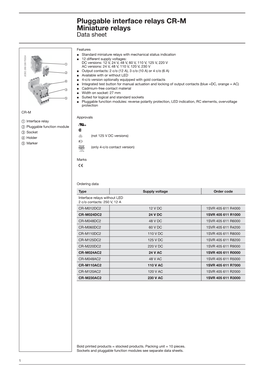 Pluggable Interface Relays CR-M Miniature Relays Data Sheet