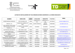 Listado De Instaladores De Telecomunicaciones Adheridos a La Orden Inn/34/2018