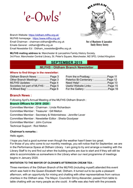 SEPTEMBER 2019 MLFHS - Oldham Branch Newsletter Where to Find Things in the Newsletter: Oldham Branch News :