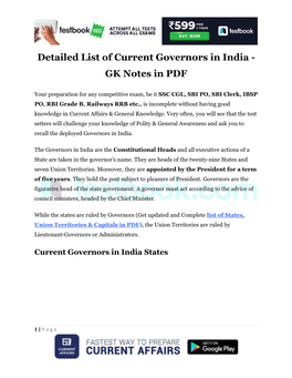 Detailed List of Current Governors in India - GK Notes in PDF