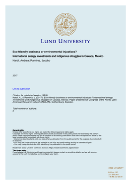 Eco-Friendly Business Or Environmental Injustices? International Energy Investments and Indigenous Struggles in Oaxaca, Mexico Nardi, Andrea; Ramirez, Jacobo