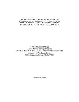 An Inventory of Rare Plants of Misty Fiords National Monument, Usda Forest Service, Region Ten