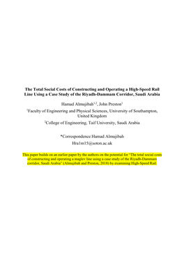 The Total Social Costs of Constructing and Operating a High-Speed Rail Line Using a Case Study of the Riyadh-Dammam Corridor, Saudi Arabia