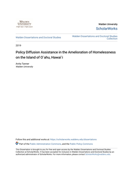 Policy Diffusion Assistance in the Amelioration of Homelessness on the Island of O`Ahu, Hawai`I