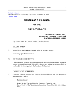 Minutes of the Council of the City of Toronto 1 October 1, 2 and 3, 2002