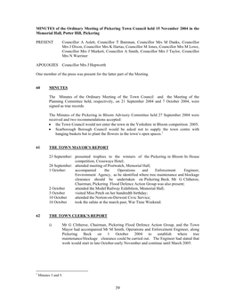 MINUTES of the Ordinary Meeting of Pickering Town Council Held 15 November 2004 in the Memorial Hall, Potter Hill, Pickering