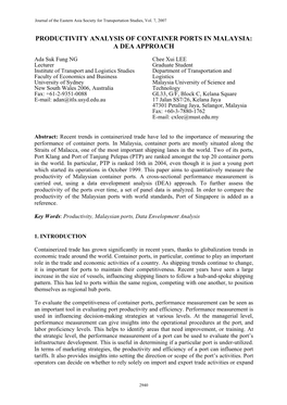 Productivity Analysis of Container Ports in Malaysia: a Dea Approach