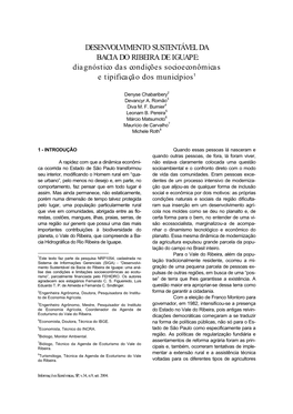 DESENVOLVIMENTO SUSTENTÁVEL DA BACIA DO RIBEIRA DE IGUAPE: Diagnóstico Das Condições Socioeconômicas 1 E Tipificação Dos Municípios