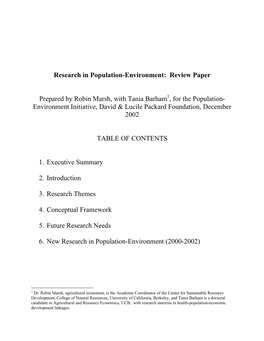 Research in Population-Environment: Review Paper Prepared by Robin