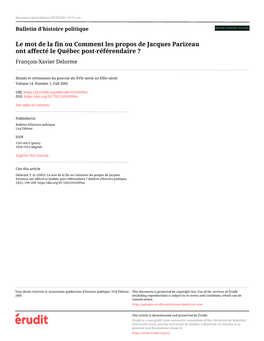 Le Mot De La Fin Ou Comment Les Propos De Jacques Parizeau Ont Affecté Le Québec Post-Référendaire ? François-Xavier Delorme