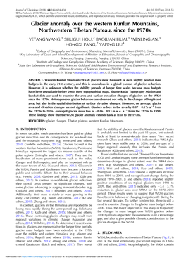 Glacier Anomaly Over the Western Kunlun Mountains, Northwestern Tibetan Plateau, Since the 1970S