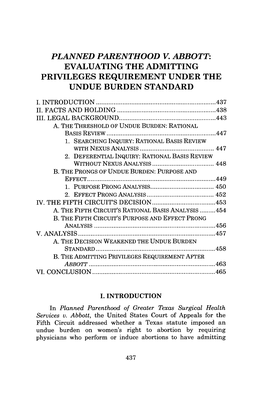 Planned Parenthood V. Abbott: Evaluating the Admitting Privileges Requirement Under the Undue Burden Standard