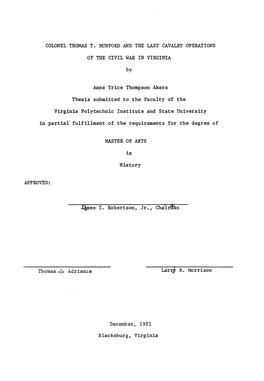 Colonel Thomas T. Munford and the Last Cavalry Operations