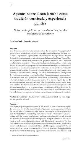 Apuntes Sobre El Son Jarocho Como Tradición Vernácula Y Experiencia Política